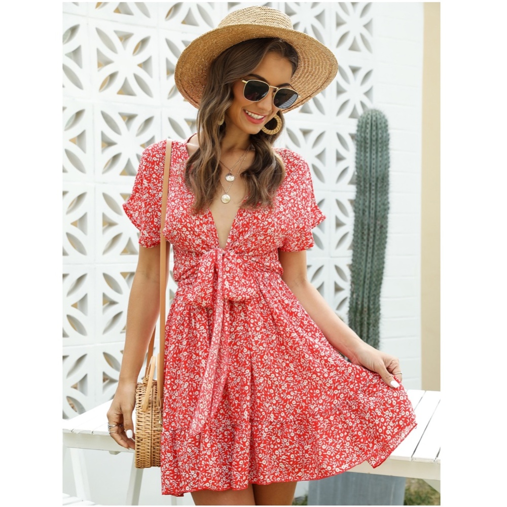 Deep V Tie Front Ditsy Floral Flared Mini Dress - Picture 5 of 7
